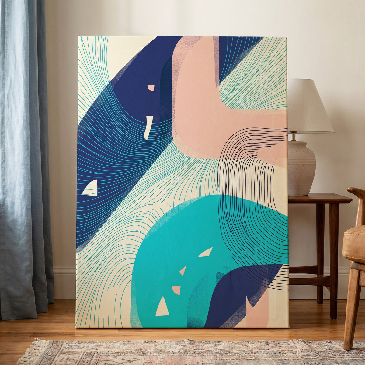 Currents in Blush, blue, pink, beige abstract wall art on canvas displayed in a styled interior, gallery view 1