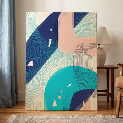 Currents in Blush, blue, pink, beige abstract wall art on canvas displayed in a styled interior, gallery view 1