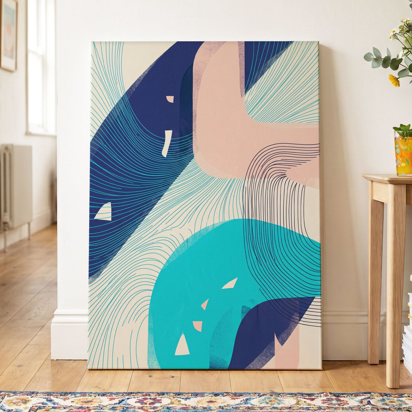 Currents in Blush, blue, pink, beige abstract wall art on canvas displayed in a styled interior, gallery view 2