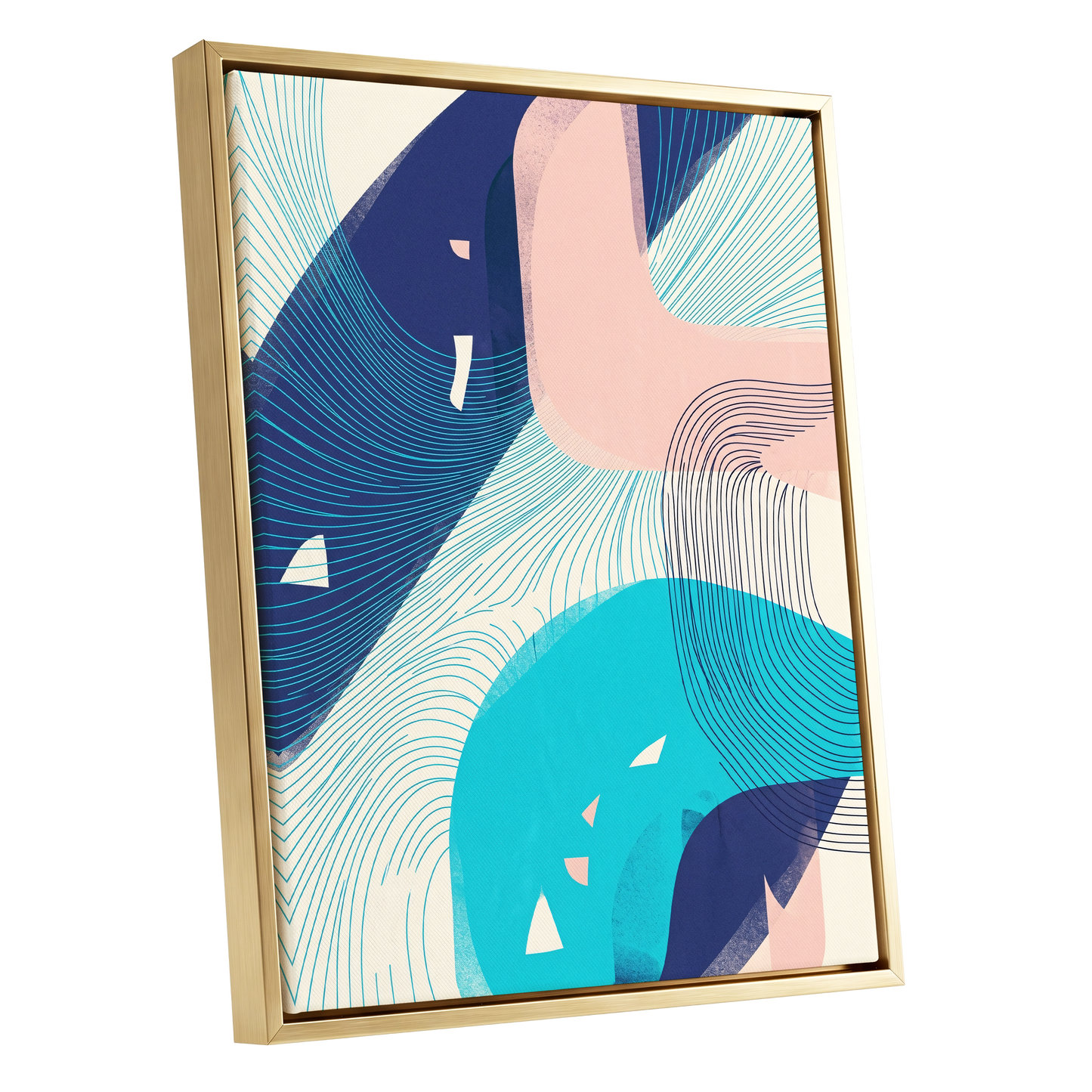 Currents in Blush, blue, pink, beige abstract wall art shown as a gold framed canvas wall art