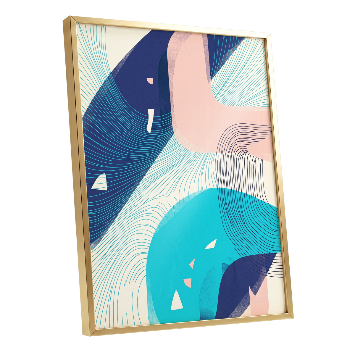 Currents in Blush, blue, pink, beige abstract wall art shown as a gold framed poster wall art print