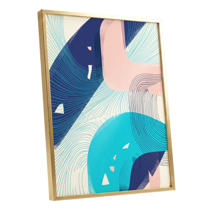 Currents in Blush, blue, pink, beige abstract wall art shown as a gold framed poster wall art print