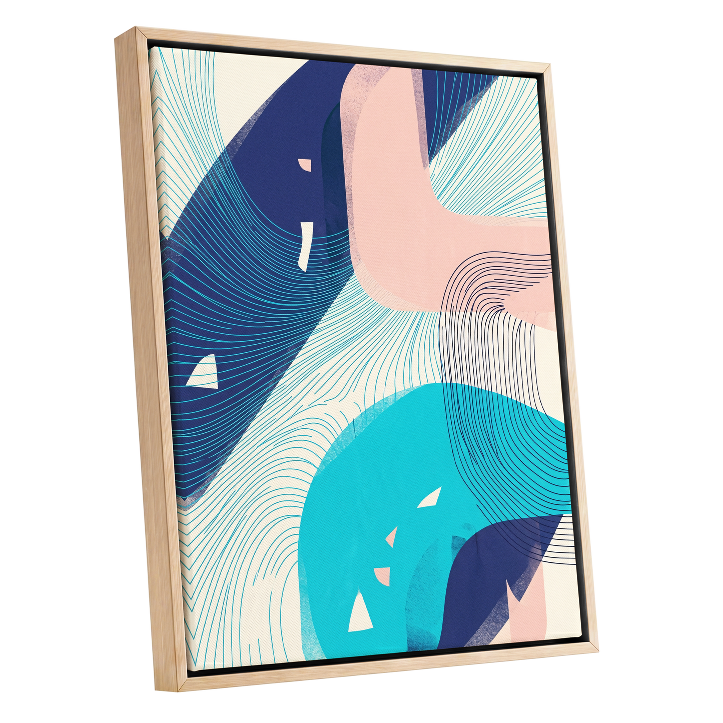 Currents in Blush, blue, pink, beige abstract wall art shown as a oak framed canvas wall art