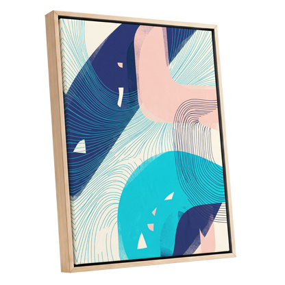 Currents in Blush, blue, pink, beige abstract wall art shown as a oak framed canvas wall art