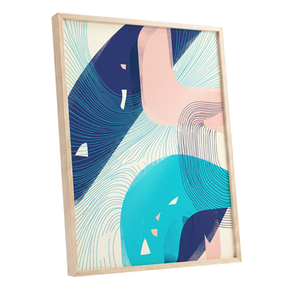 Currents in Blush, blue, pink, beige abstract wall art shown as a oak framed poster wall art print