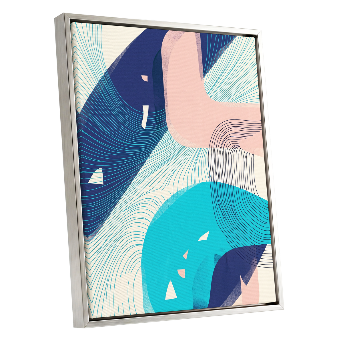 Currents in Blush, blue, pink, beige abstract wall art shown as a silver framed canvas wall art