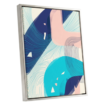 Currents in Blush, blue, pink, beige abstract wall art shown as a silver framed canvas wall art