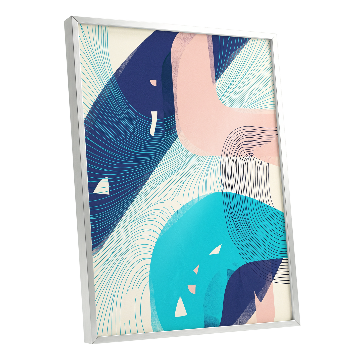 Currents in Blush, blue, pink, beige abstract wall art shown as a silver framed poster wall art print