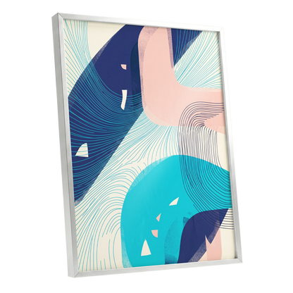 Currents in Blush, blue, pink, beige abstract wall art shown as a silver framed poster wall art print