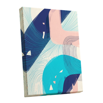 Currents in Blush, blue, pink, beige abstract wall art shown as a stretched canvas wall art