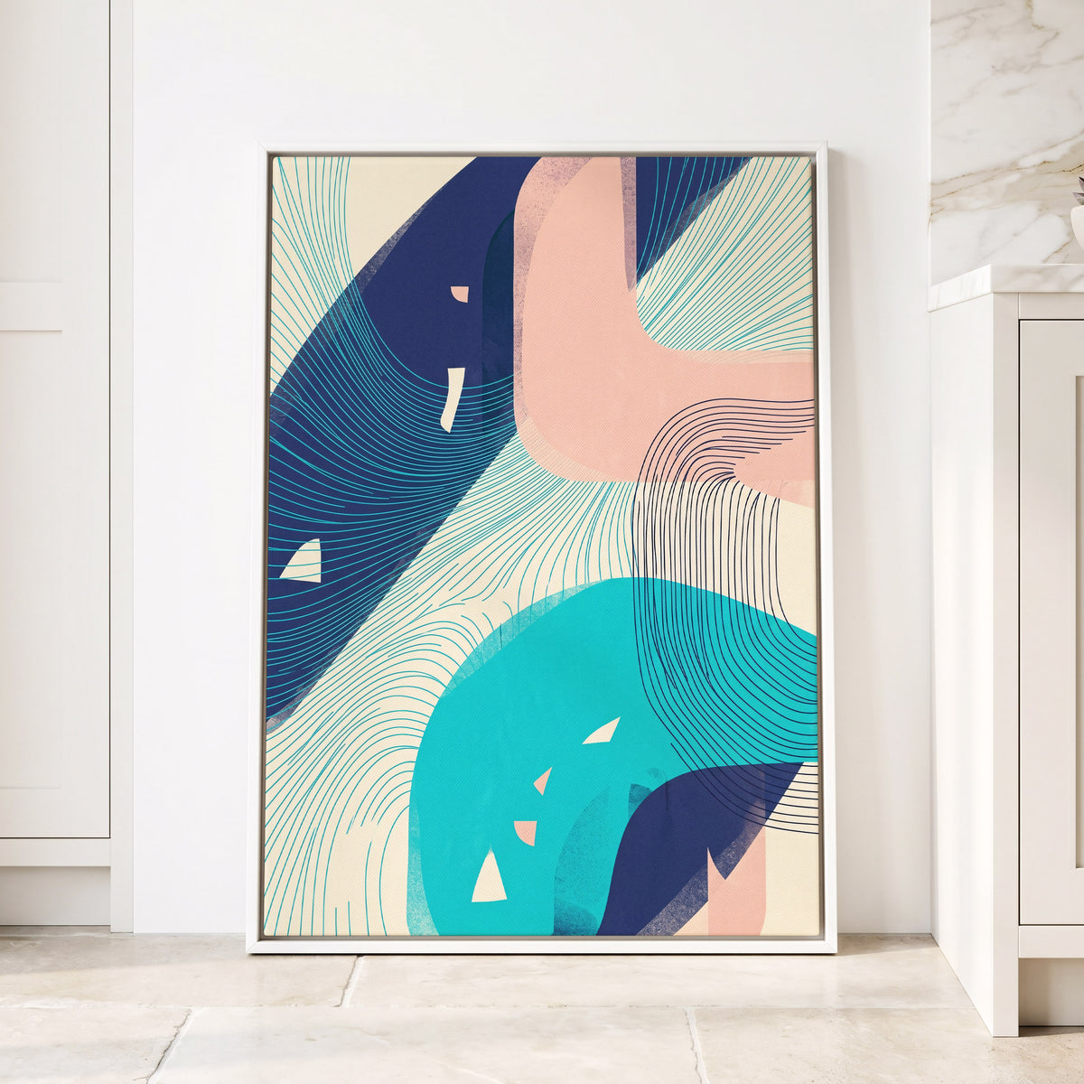 Currents in Blush, blue, pink, beige abstract wall art displayed in a styled interior, gallery view 1