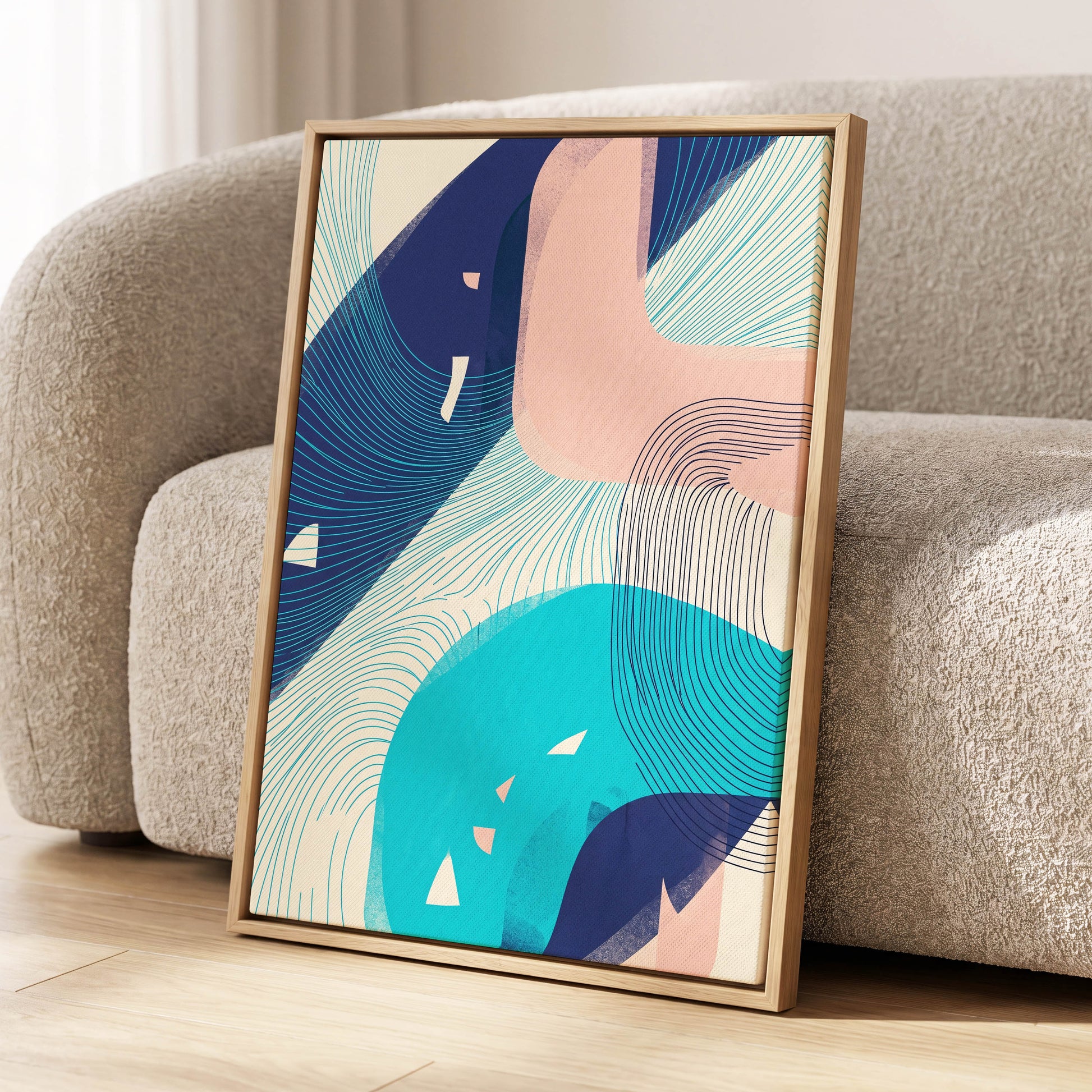 Currents in Blush, blue, pink, beige abstract wall art displayed in a styled interior, gallery view 2
