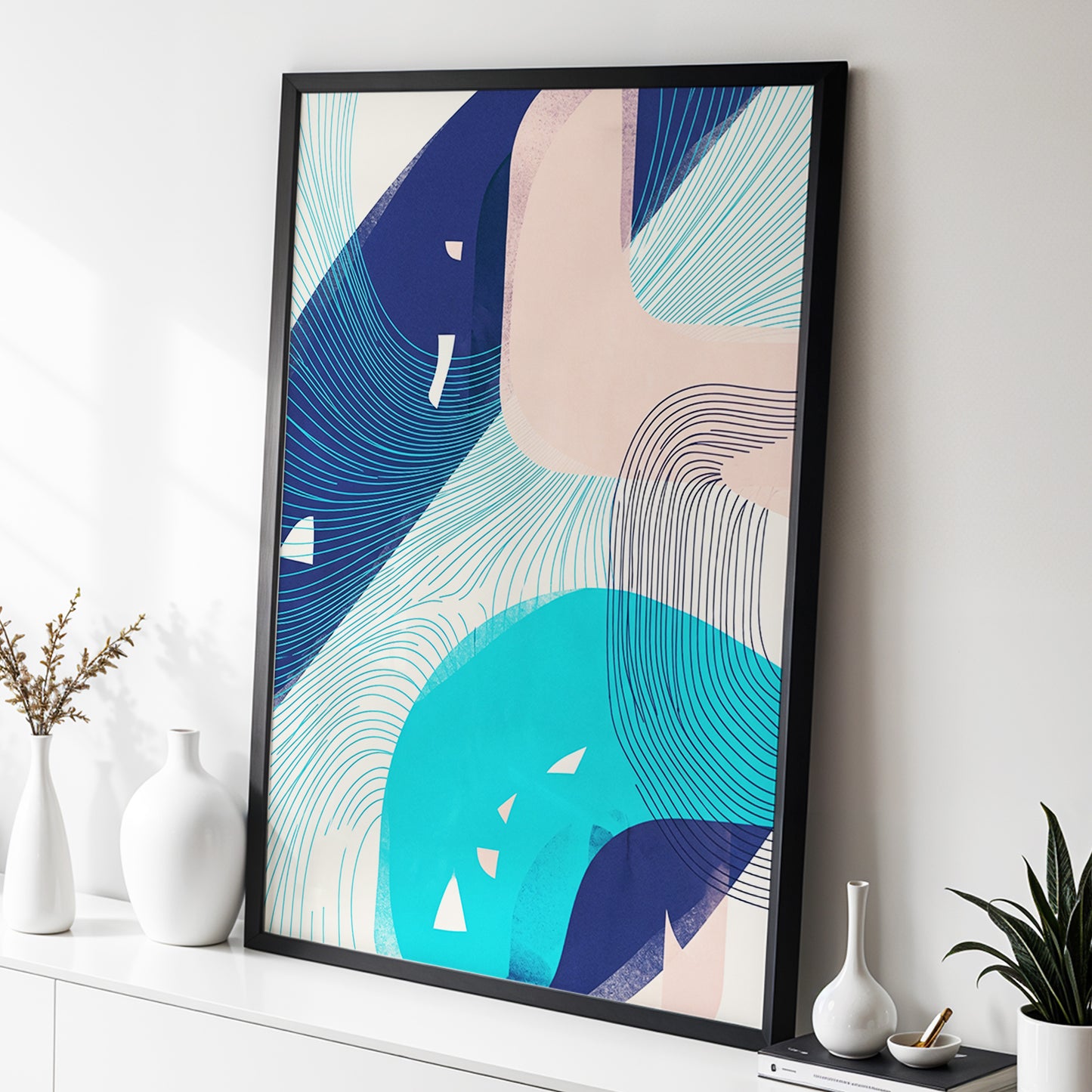 Currents in Blush, blue, pink, beige abstract wall art displayed in a styled interior, gallery view 3