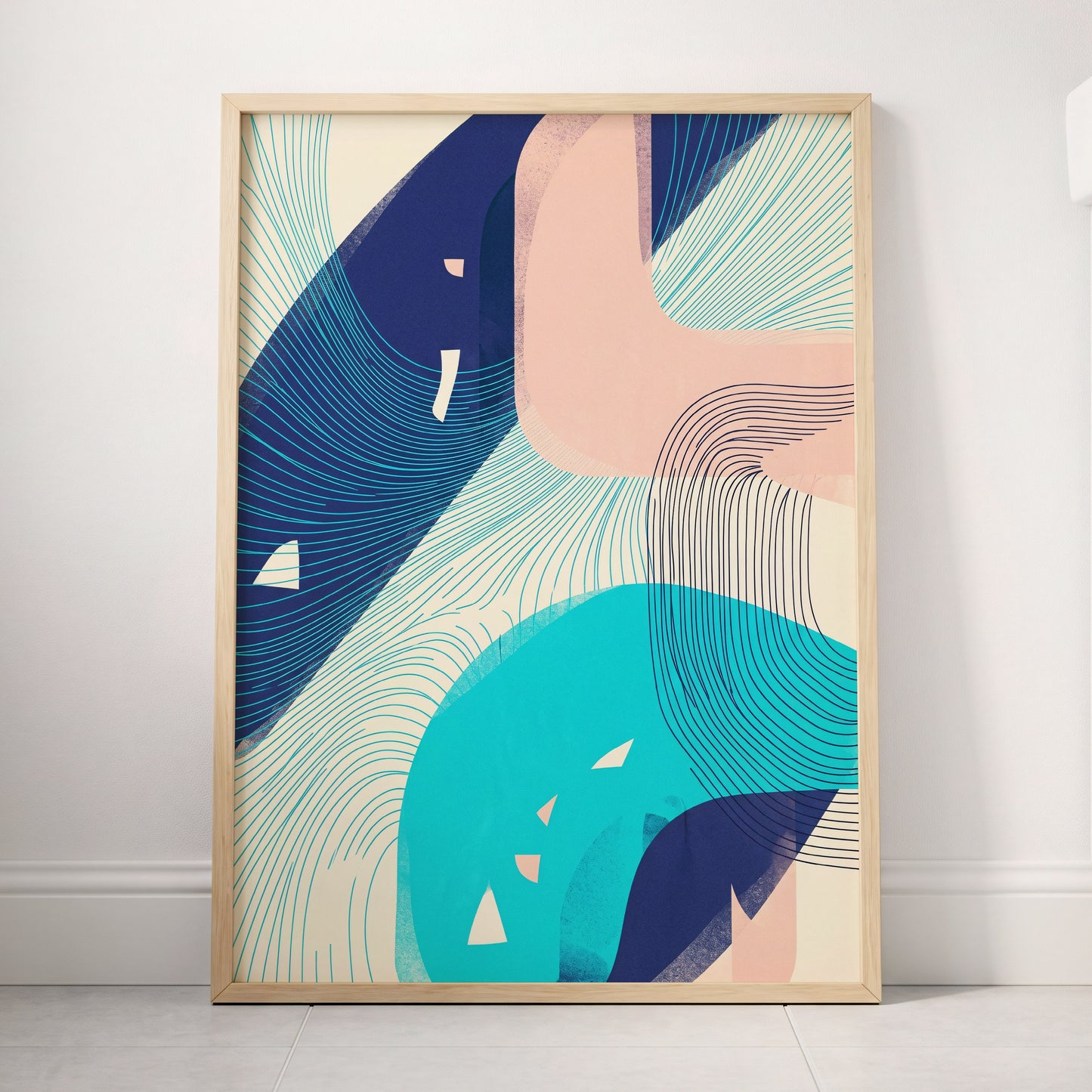 Currents in Blush, blue, pink, beige abstract wall art displayed in a styled interior, gallery view 4