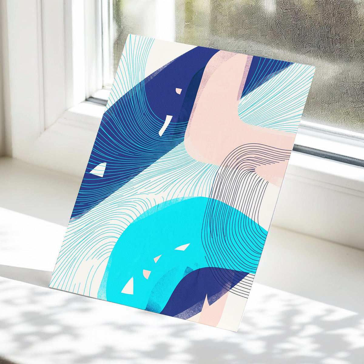 Currents in Blush, blue, pink, beige abstract wall art displayed in a styled interior, gallery view 5