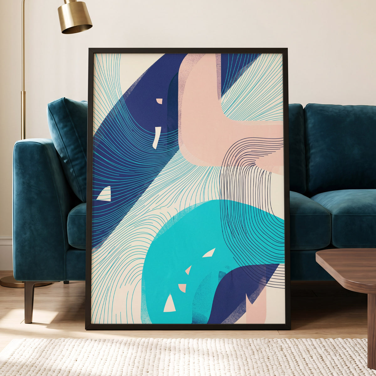 Currents in Blush, blue, pink, beige abstract wall art displayed in a styled interior, gallery view 6
