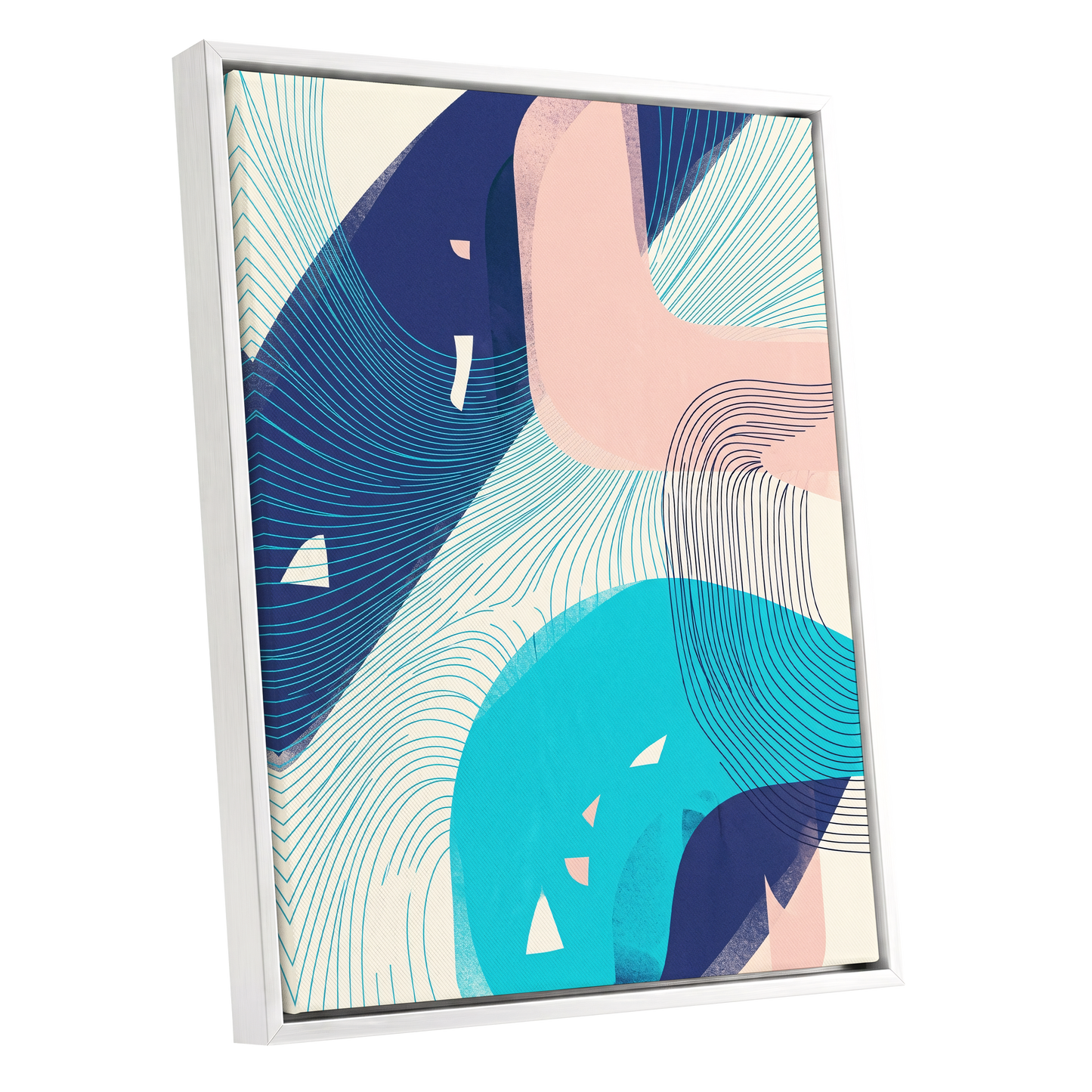 Currents in Blush, blue, pink, beige abstract wall art shown as a white framed canvas wall art