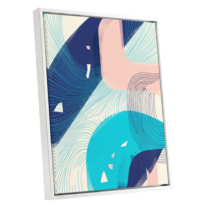 Currents in Blush, blue, pink, beige abstract wall art shown as a white framed canvas wall art