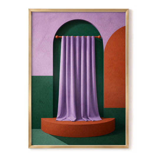 Curtain Call Geometry, purple, green, orange minimalist wall art, front artwork view