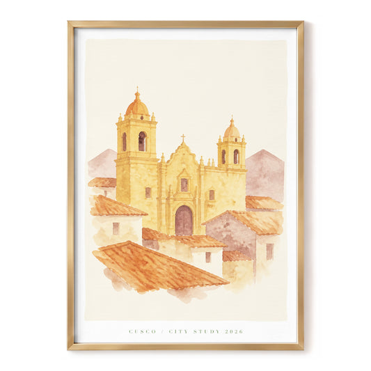 Cusco in Golden Light, beige, gold, orange minimalist wall art, front artwork view