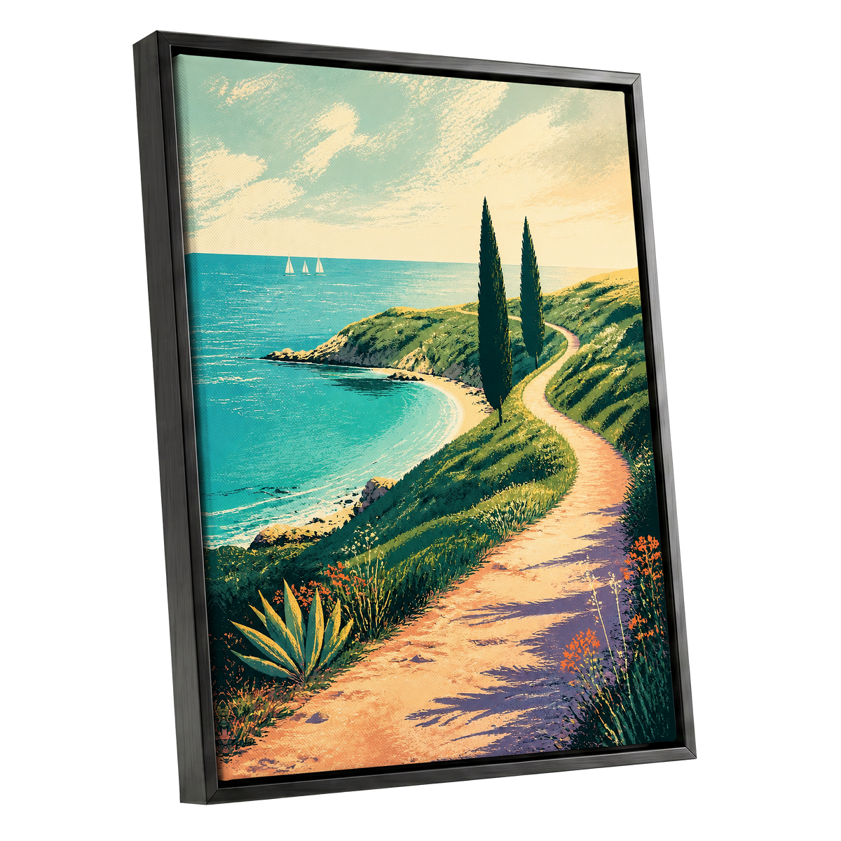 Cypress Cove Reverie, blue, green, beige nature wall art shown as a black framed canvas wall art