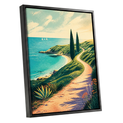 Cypress Cove Reverie, blue, green, beige nature wall art shown as a black framed canvas wall art