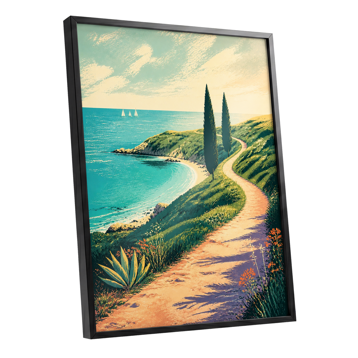 Cypress Cove Reverie, blue, green, beige nature wall art shown as a black framed poster wall art print