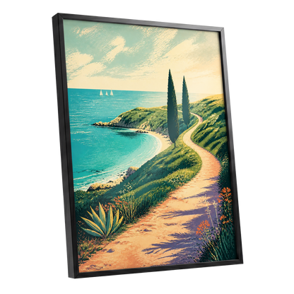 Cypress Cove Reverie, blue, green, beige nature wall art shown as a black framed poster wall art print