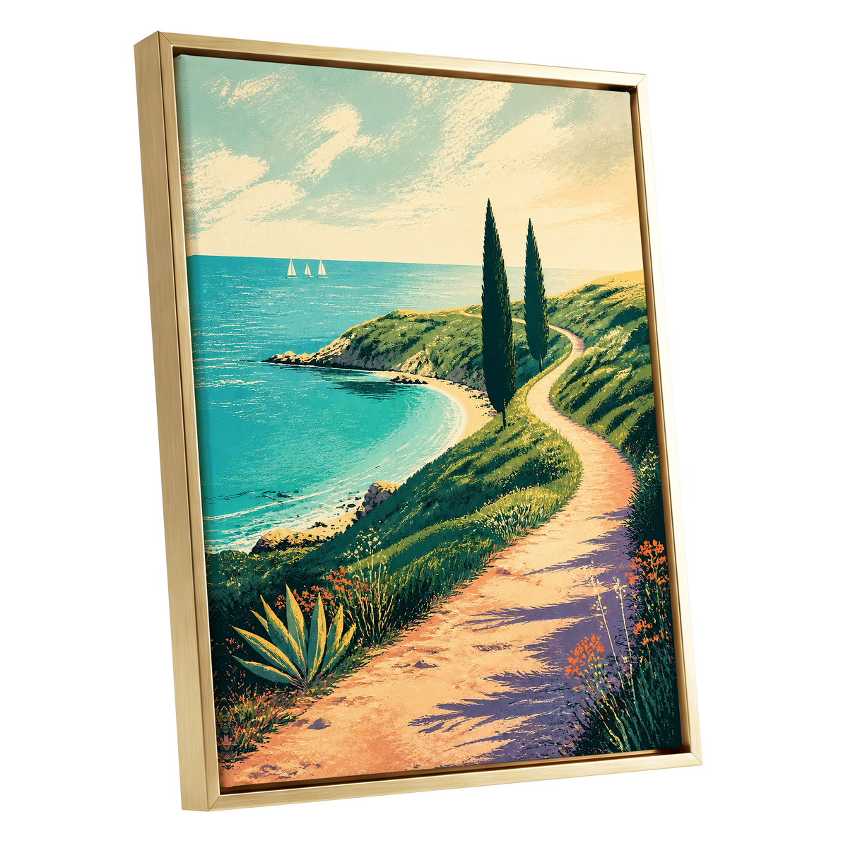 Cypress Cove Reverie, blue, green, beige nature wall art shown as a gold framed canvas wall art