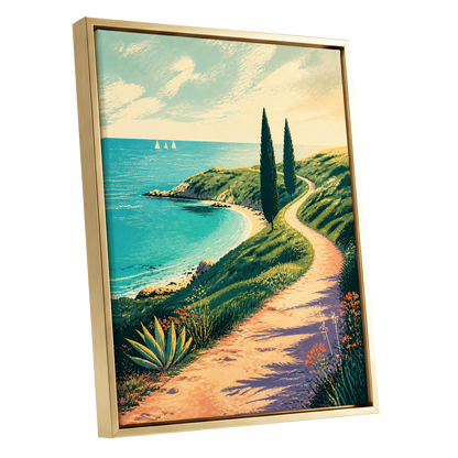 Cypress Cove Reverie, blue, green, beige nature wall art shown as a gold framed canvas wall art