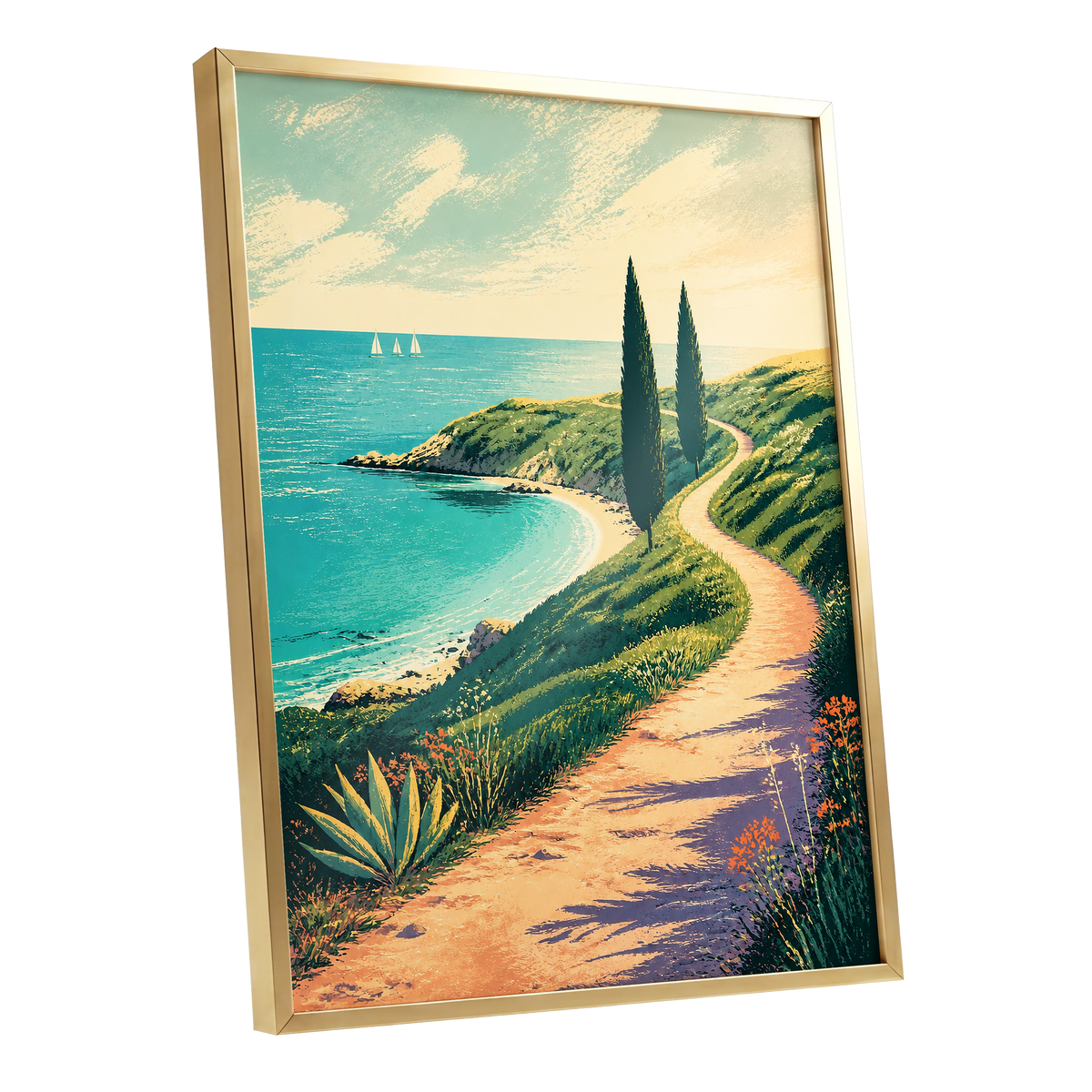 Cypress Cove Reverie, blue, green, beige nature wall art shown as a gold framed poster wall art print