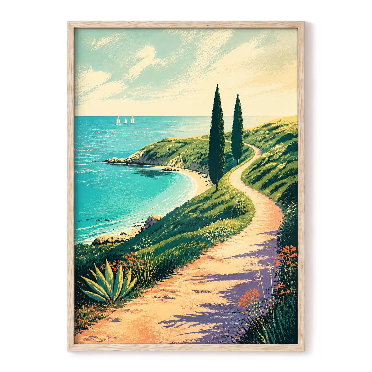 Cypress Cove Reverie, blue, green, beige nature wall art, front artwork view