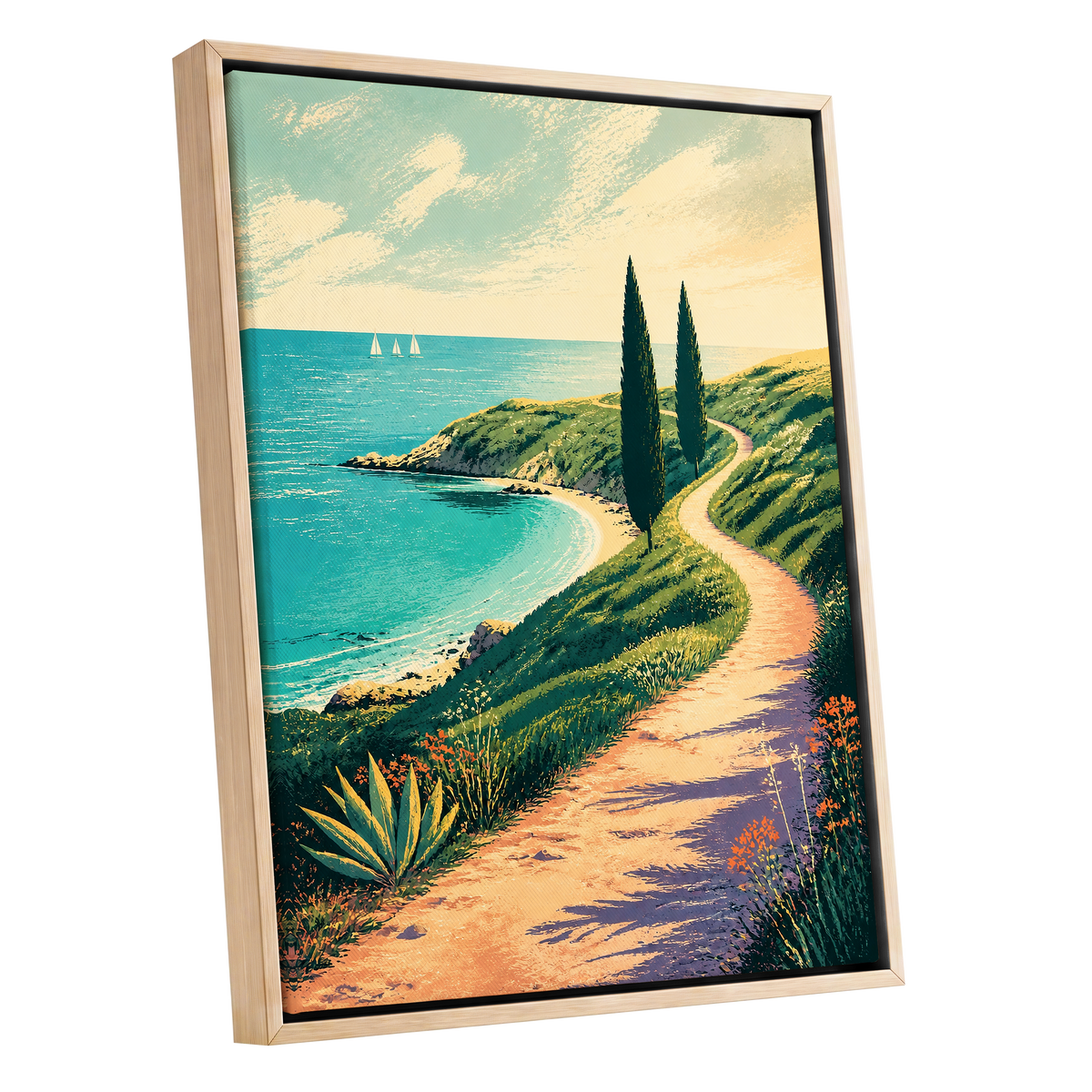 Cypress Cove Reverie, blue, green, beige nature wall art shown as a oak framed canvas wall art