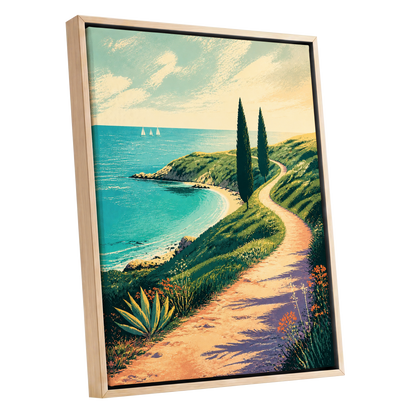 Cypress Cove Reverie, blue, green, beige nature wall art shown as a oak framed canvas wall art
