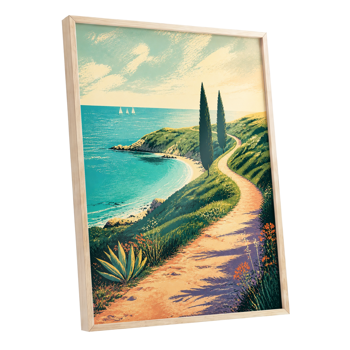 Cypress Cove Reverie, blue, green, beige nature wall art shown as a oak framed poster wall art print