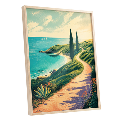 Cypress Cove Reverie, blue, green, beige nature wall art shown as a oak framed poster wall art print