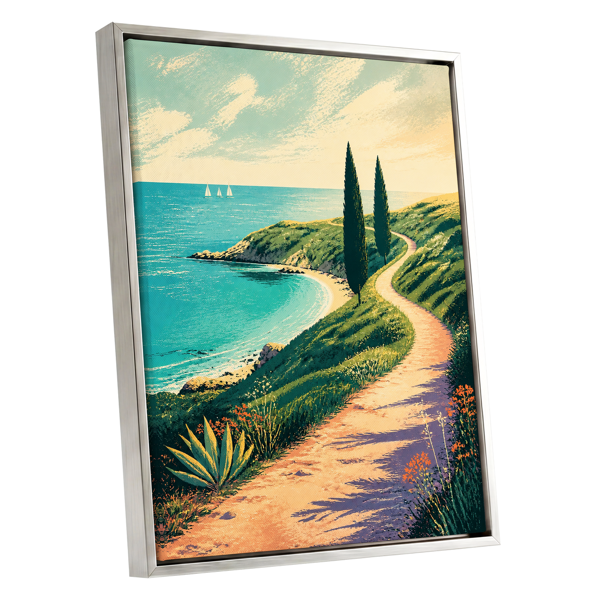 Cypress Cove Reverie, blue, green, beige nature wall art shown as a silver framed canvas wall art