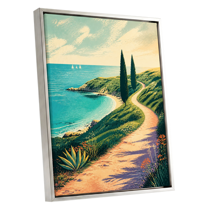 Cypress Cove Reverie, blue, green, beige nature wall art shown as a silver framed canvas wall art