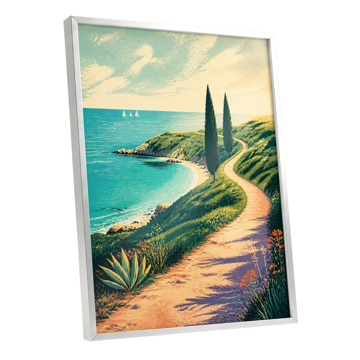 Cypress Cove Reverie, blue, green, beige nature wall art shown as a silver framed poster wall art print
