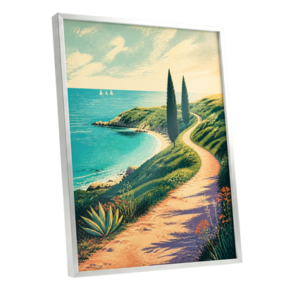 Cypress Cove Reverie, blue, green, beige nature wall art shown as a silver framed poster wall art print