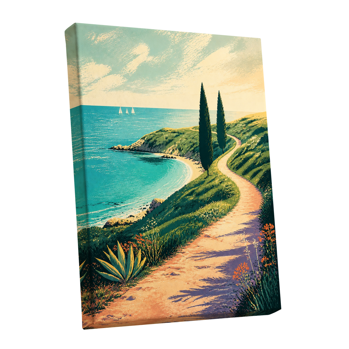 Cypress Cove Reverie, blue, green, beige nature wall art shown as a stretched canvas wall art