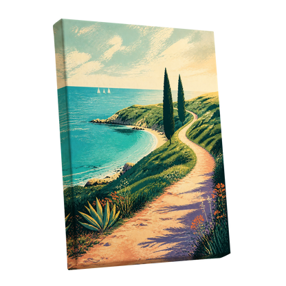 Cypress Cove Reverie, blue, green, beige nature wall art shown as a stretched canvas wall art