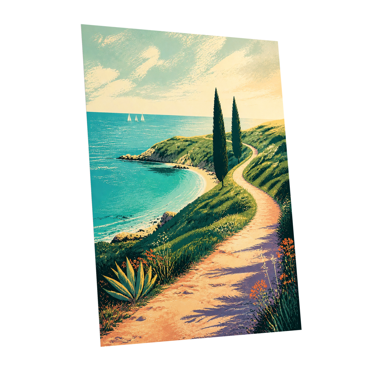 Cypress Cove Reverie, blue, green, beige nature wall art shown as a unframed poster wall art print
