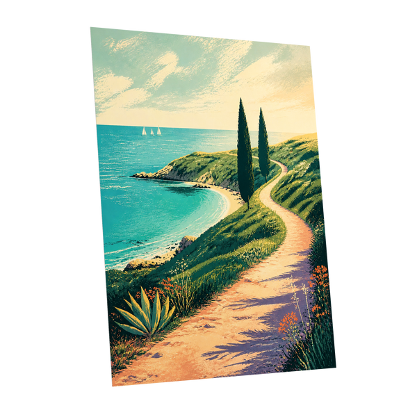 Cypress Cove Reverie, blue, green, beige nature wall art shown as a unframed poster wall art print
