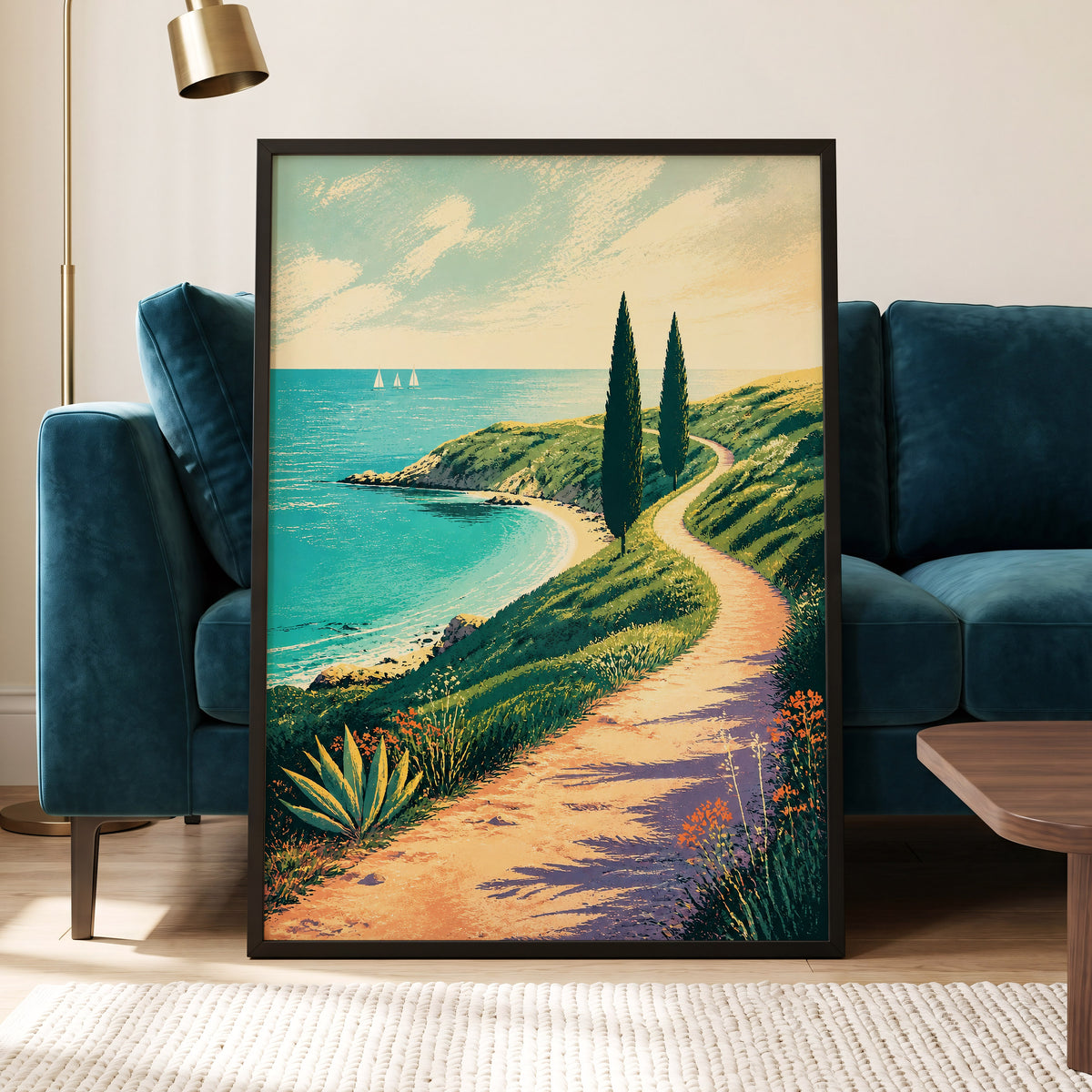 Cypress Cove Reverie, blue, green, beige nature wall art displayed in a styled interior, gallery view 2
