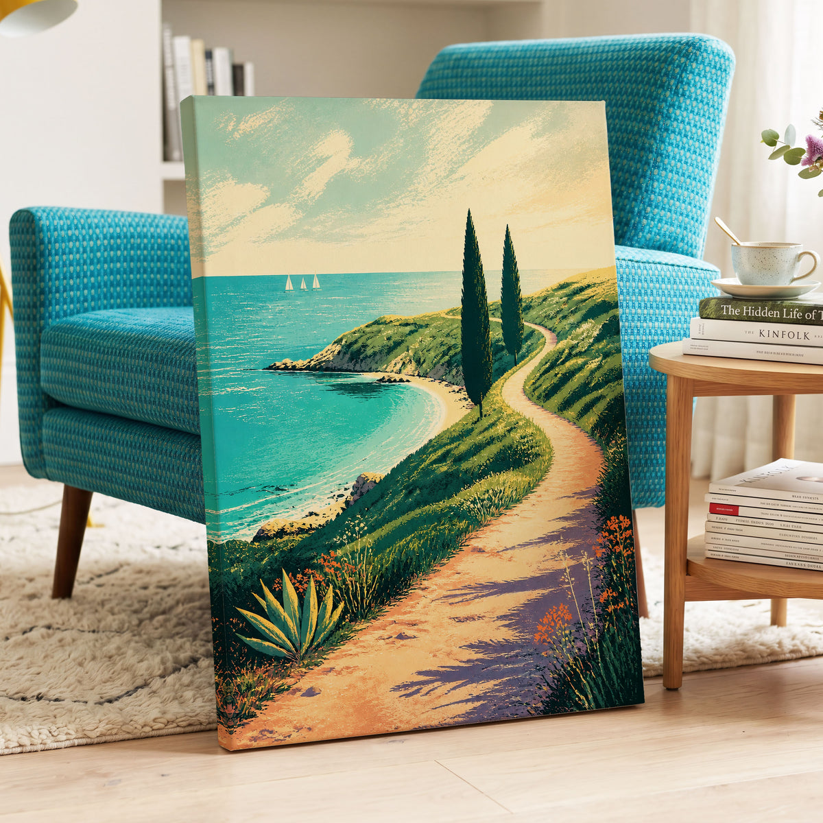 Cypress Cove Reverie, blue, green, beige nature wall art displayed in a styled interior, gallery view 3