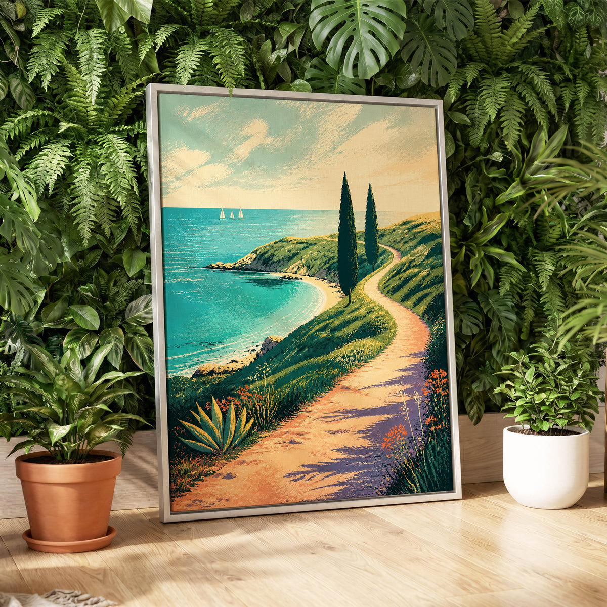 Cypress Cove Reverie, blue, green, beige nature wall art displayed in a styled interior, gallery view 4