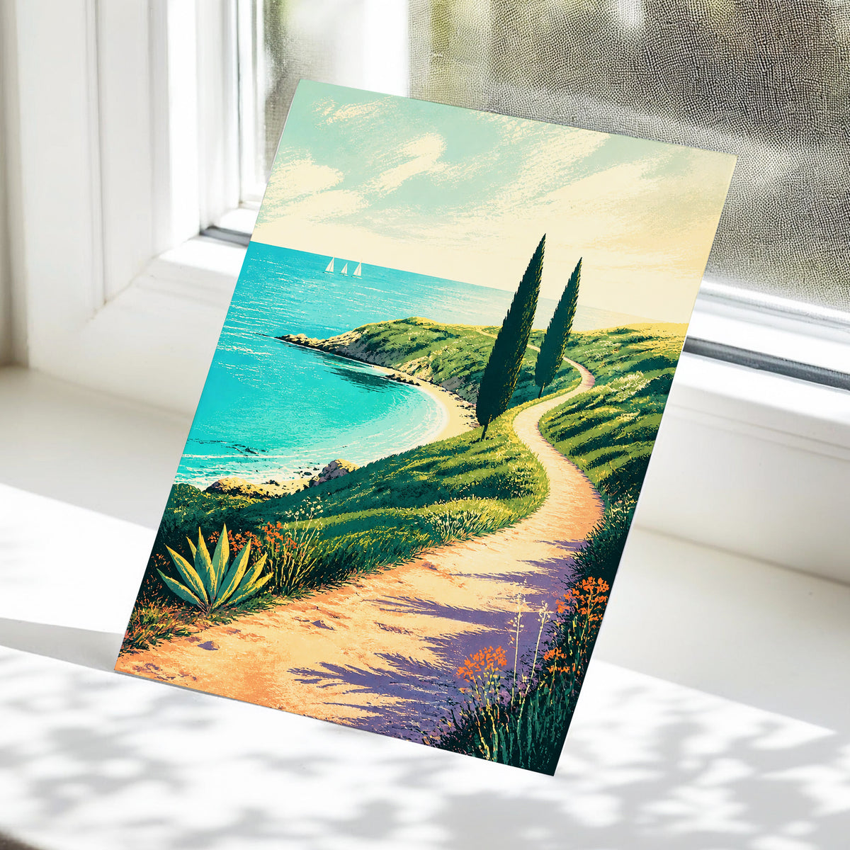 Cypress Cove Reverie, blue, green, beige nature wall art displayed in a styled interior, gallery view 5