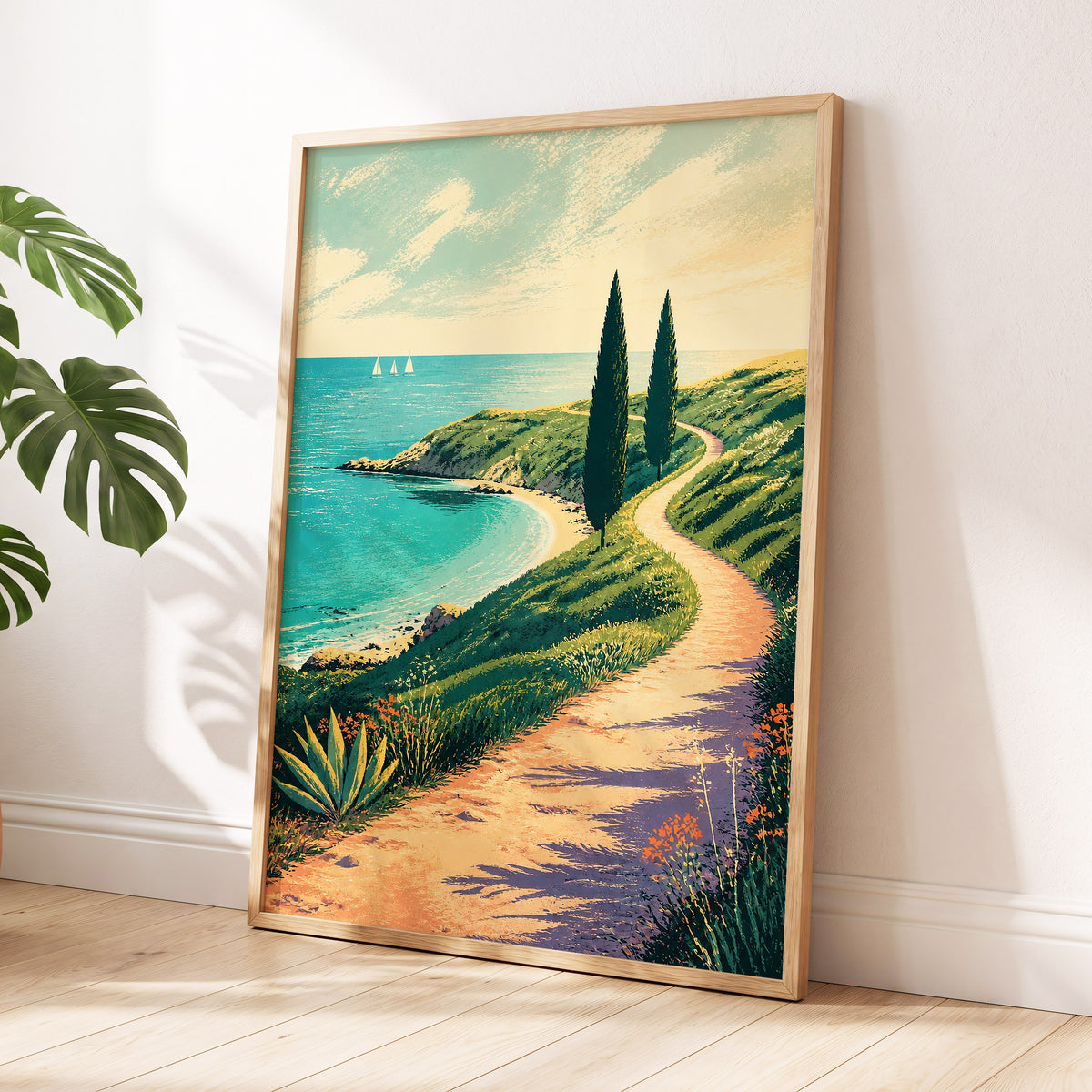 Cypress Cove Reverie, blue, green, beige nature wall art displayed in a styled interior, gallery view 6
