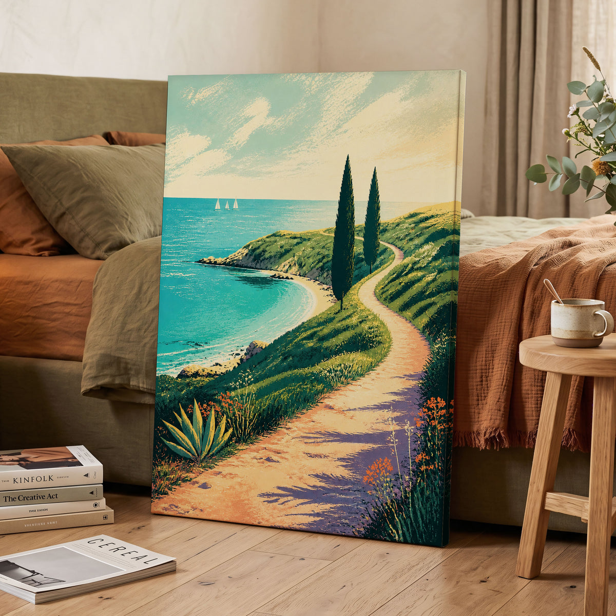 Cypress Cove Reverie, blue, green, beige nature wall art displayed in a styled interior, gallery view 7